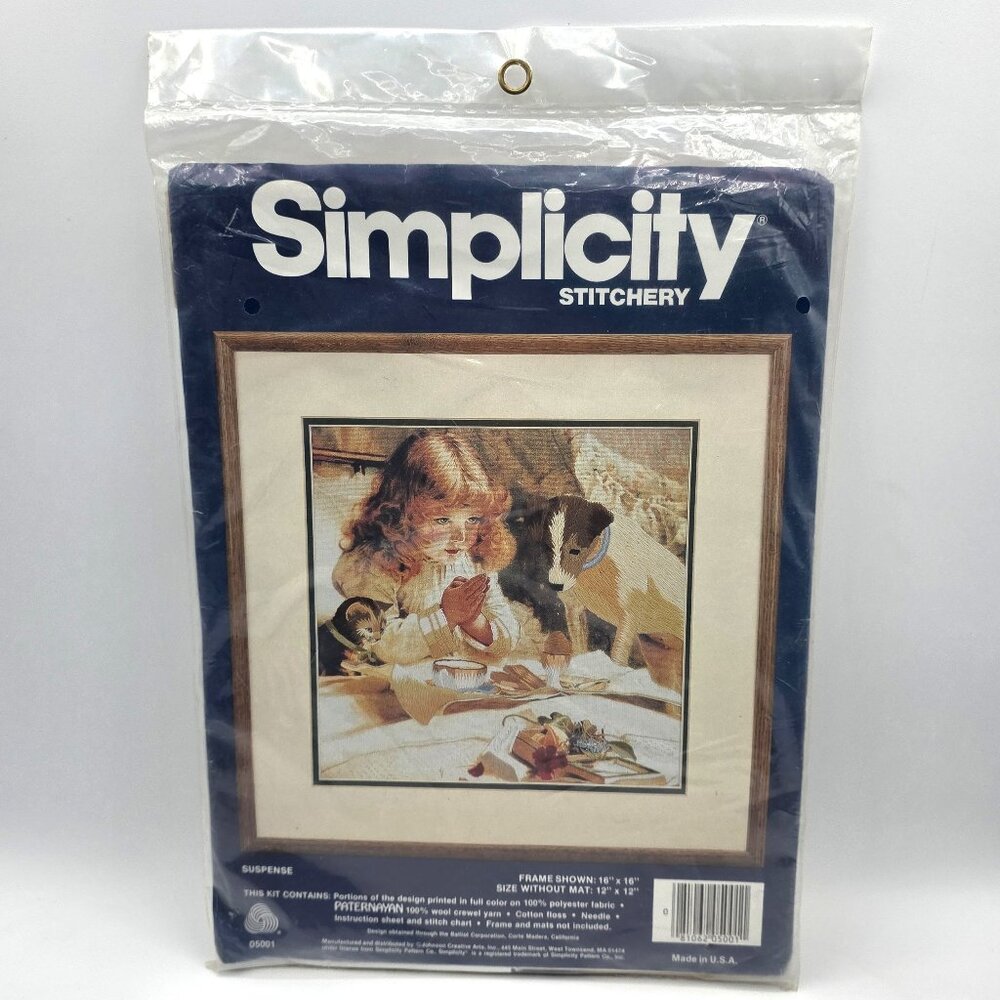 Simplicity Stitchery Suspense Praying Girl Dog Kitten Crewel Yarn Embroidery NIP
